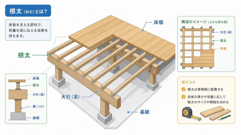 根太の役割と床組みを示す図解