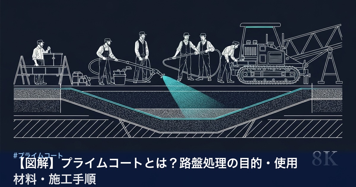 プライムコートの施工断面と散布工程の図解