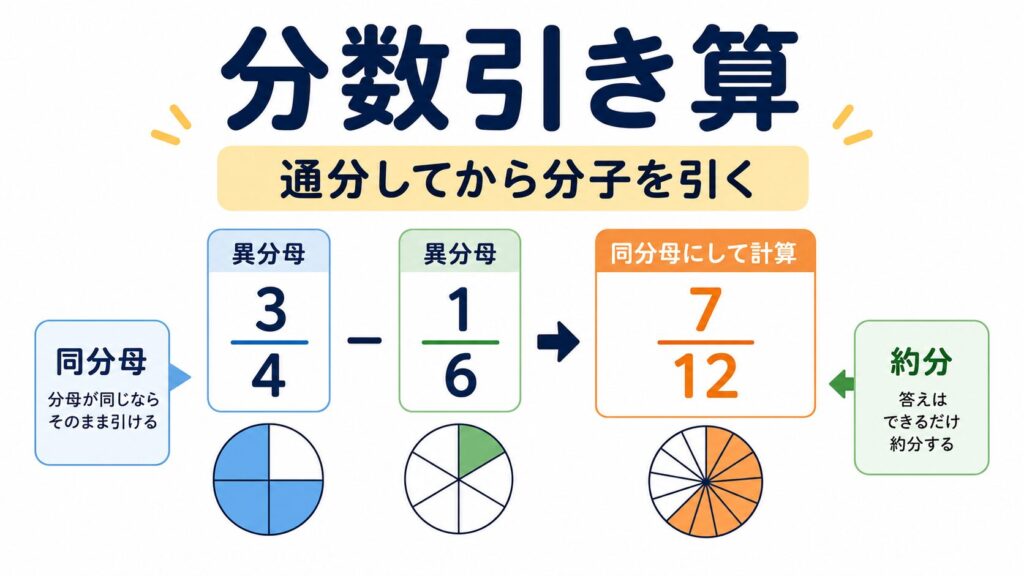 分数引き算の通分手順を示す図解